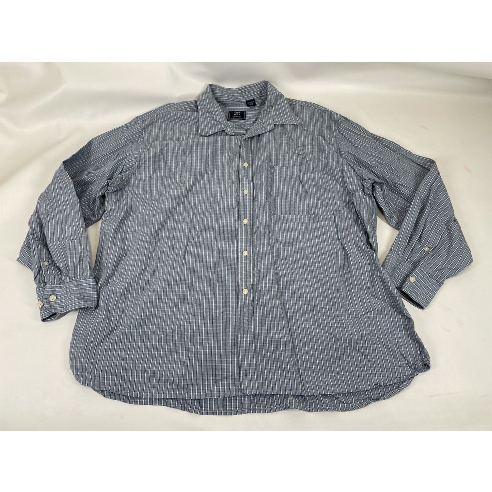 Izod Saltwater Mens 2XL Blue Plaid Check Long Sleeve Button Up Shirt Cotton